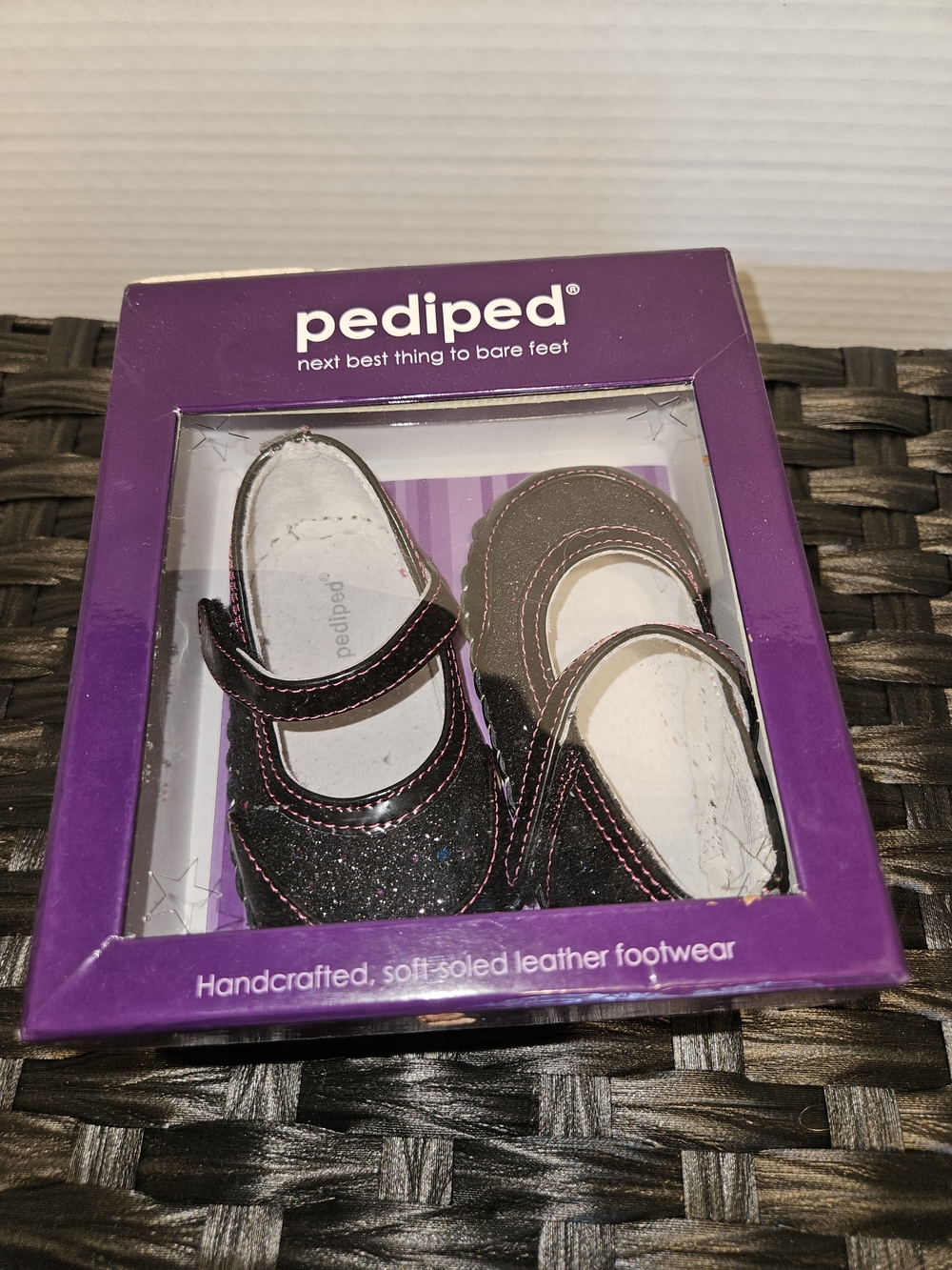 pediped Black Glitter Mary Jane Baby Shoes with Pink Stitching